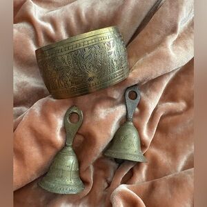 Set of Two Brass Bells and Chunky Brass Bangle Bracelet Made in India Vintage